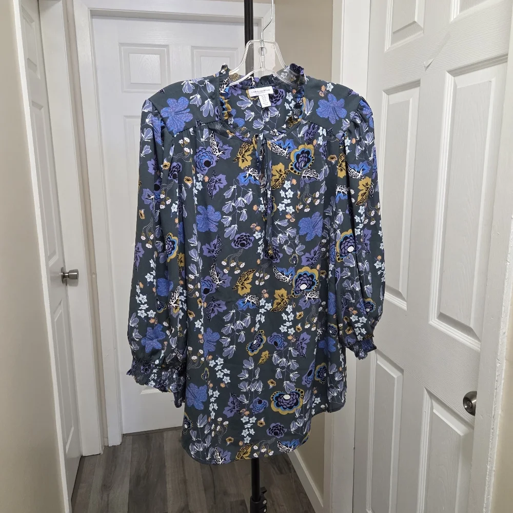 Carolina Belle Blue Floral Oversized Boho Blouse | Long Sleeve Tie Neck Peasant - Picture 2 of 7